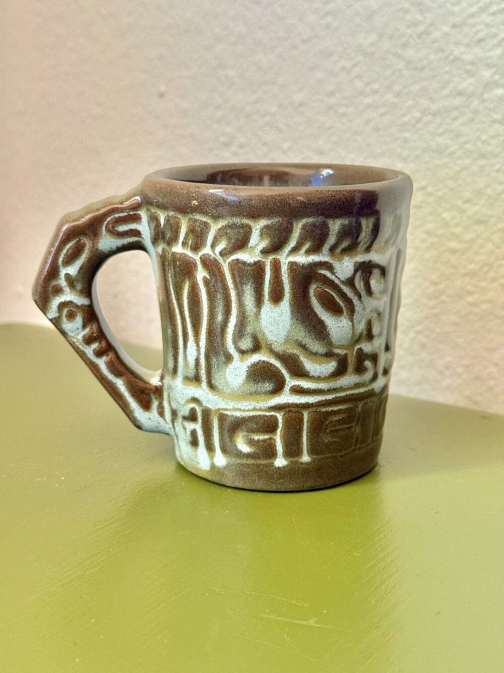 Vintage Mid Century Frankoma Mayan-Aztec 7CL Pottery Mug In Green Glaze